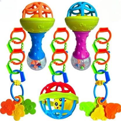 Kit de Chocalhos e Mordedores - Brinquedo Sensorial para Bebê 5 Peças