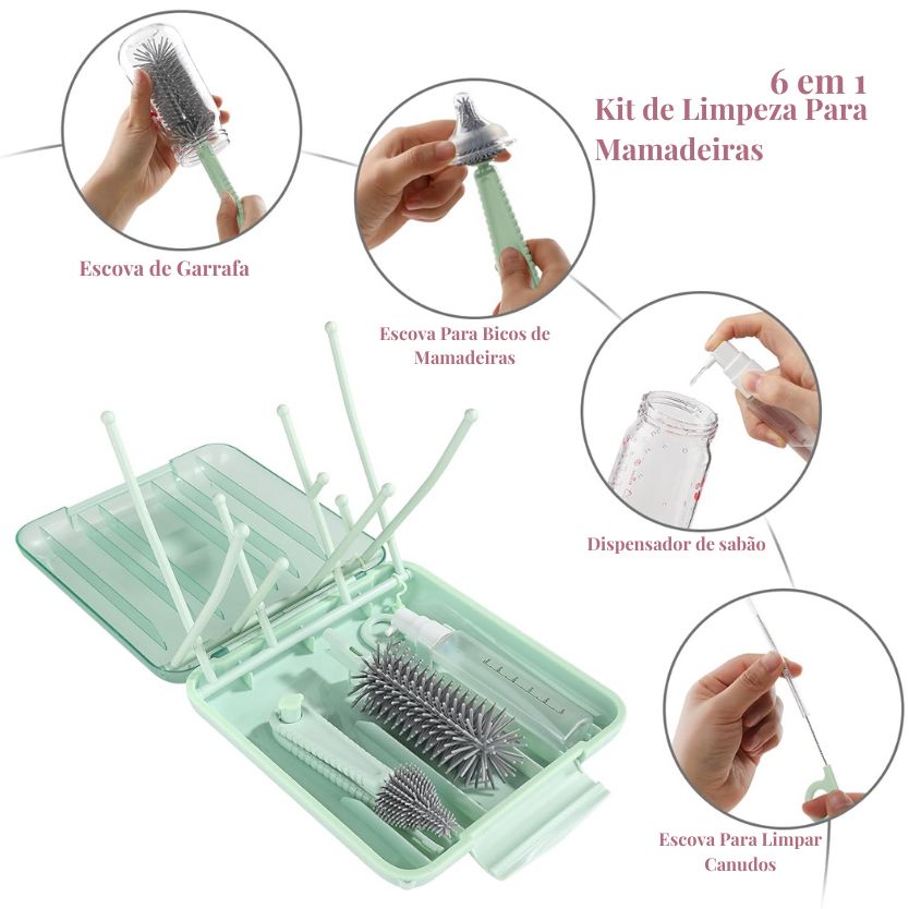 Kit de Limpeza 6 em 1 para Mamadeiras com Escovas e Porta-Objetos Portátil