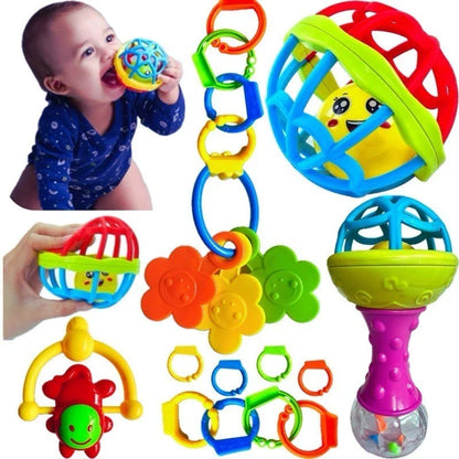 Kit de Chocalhos e Mordedores - Brinquedo Sensorial para Bebê 5 Peças
