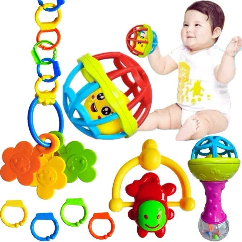 Kit de Chocalhos e Mordedores - Brinquedo Sensorial para Bebê 5 Peças